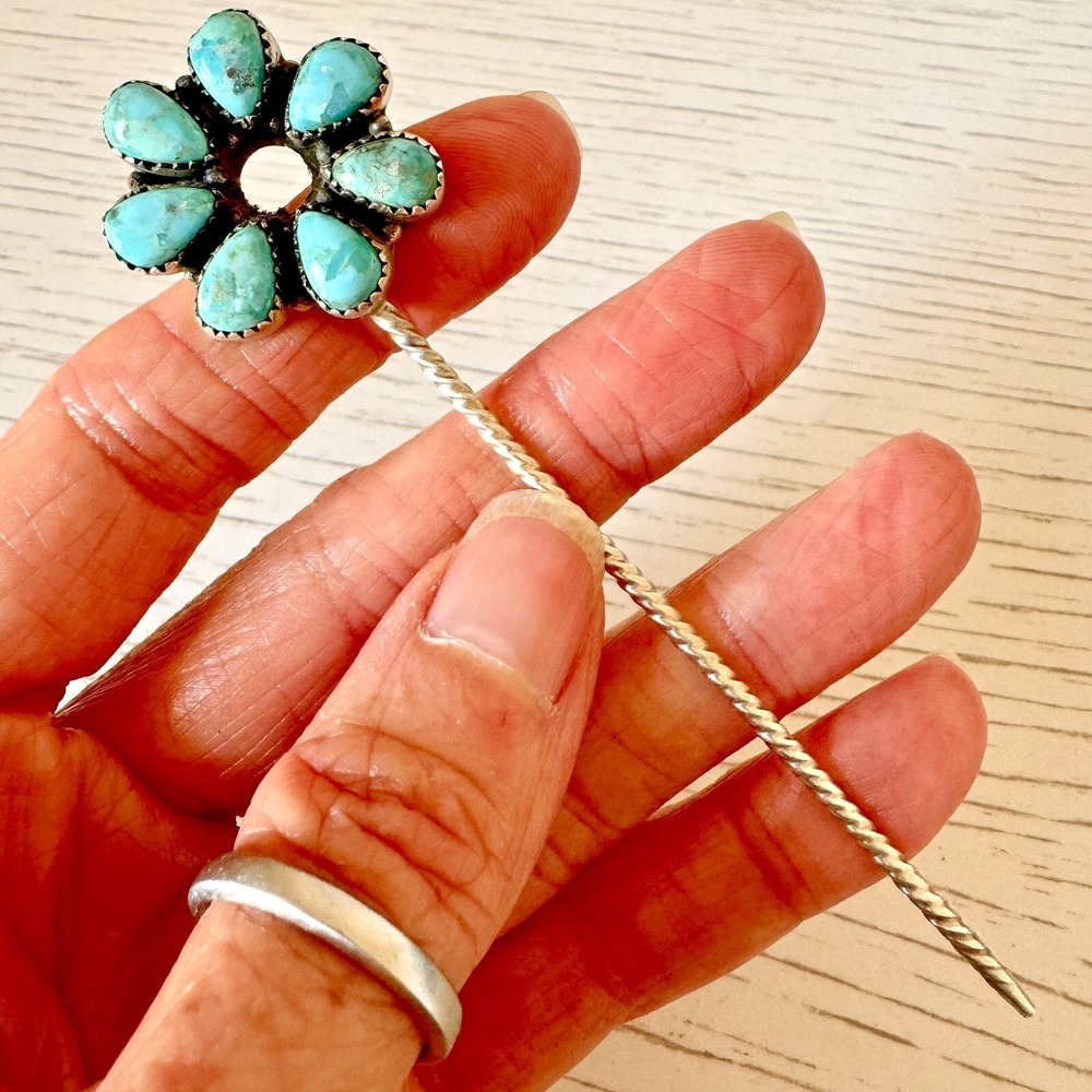 Hair Stick Pin Sterling Turquoise 4in Handmade Ornament Bun Twist Southwest USA
